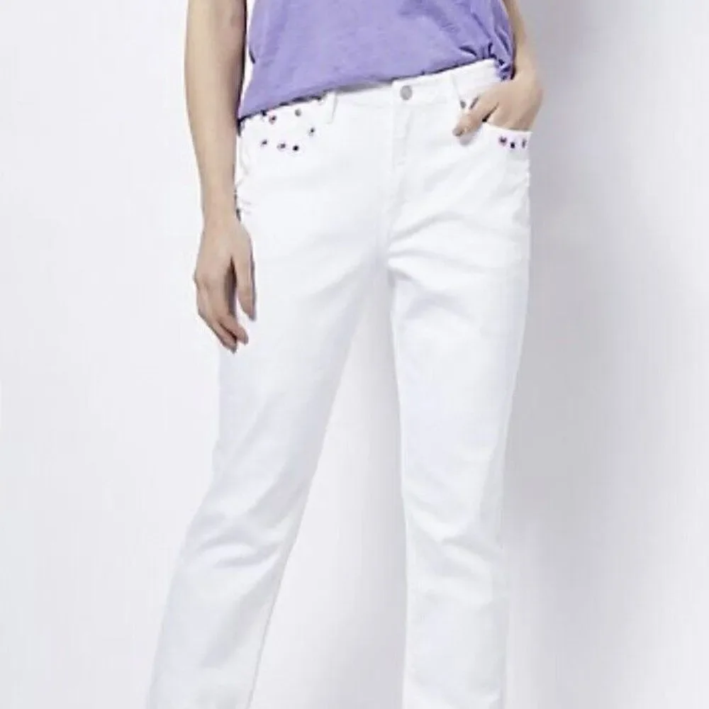 Candace Cameron Bure Embroidered Girlfriend Jean- White Petite A472456 Size